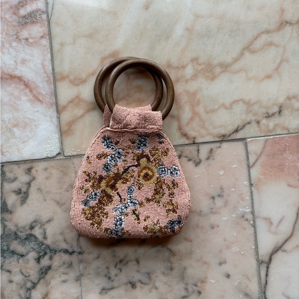 Zara Pink Floral Clutch with Wooden Rings